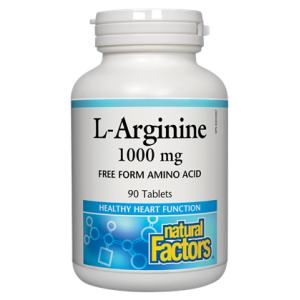 Bottle of L-Arginine 1000 mg supplement with 'Natural Factors' branding on a white background Natural Vitamin Direct Inc Shop Canadian since 1997