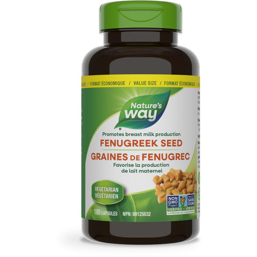 A bottle of Nature's Way Fenugreek Seed 610mg, 180 caps. The label indicates that it promotes breast milk production and is Vegetarian and Non-GMO Project Verified.