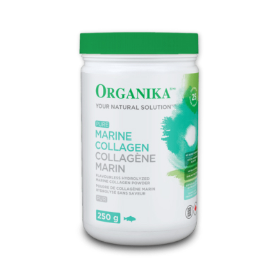 Organika marine collagen powder container on a white background