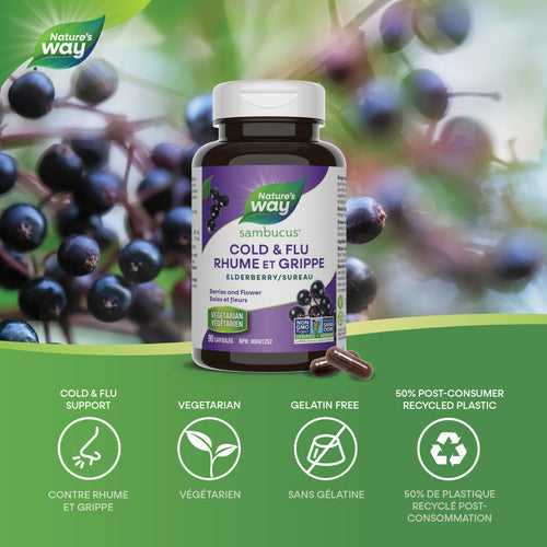 Nature's Way Sambucus Elderberry Cold and Flu Care Capsules, 90 capsules Canadian information