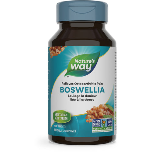 Nature's Way Boswellia bottle with 60 tabs. The label indicates it relieves osteoarthritic pain and is Vegetarian and Non-GMO Project Verified.