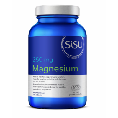 Blue supplement bottle labeled 'SISU Magnesium' on a white background