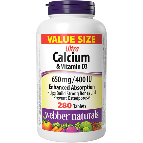 A bottle of Webber Naturals Ultra Calcium & Vitamin D3 supplements, value size, with 280 tablets inside.