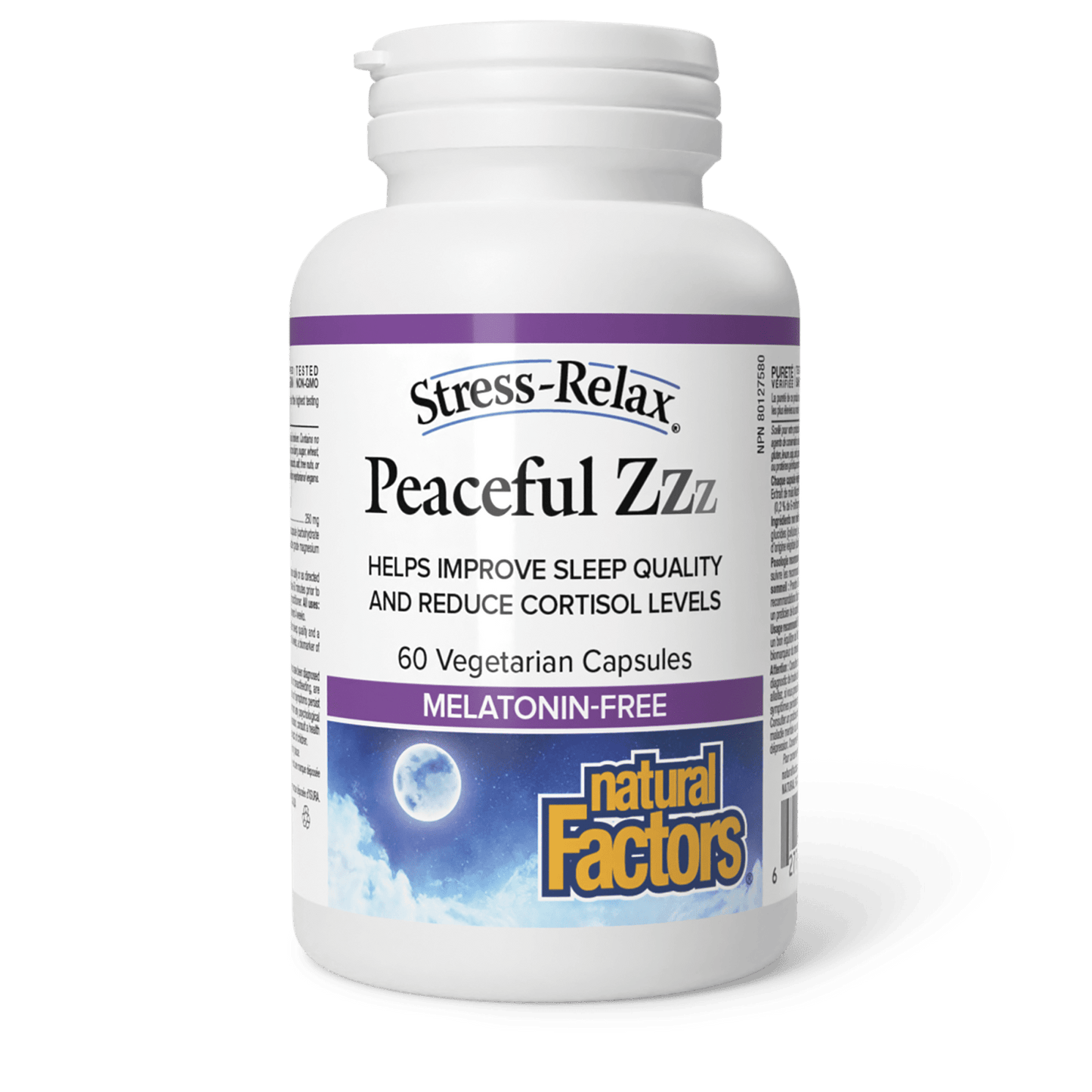 A bottle of Natural Factors Stress-Relax Peaceful Zzz melatonin-free supplement with 60 vegetarian capsules.