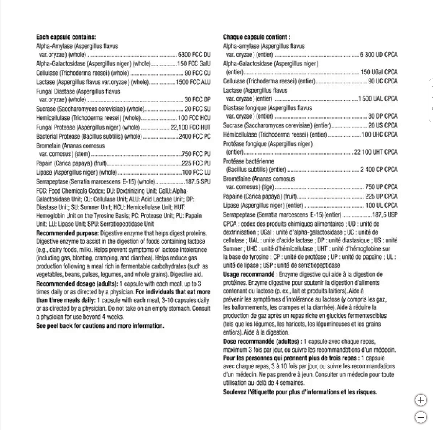 Webber Naturals Complete Digestive Enzymes Canadian label information