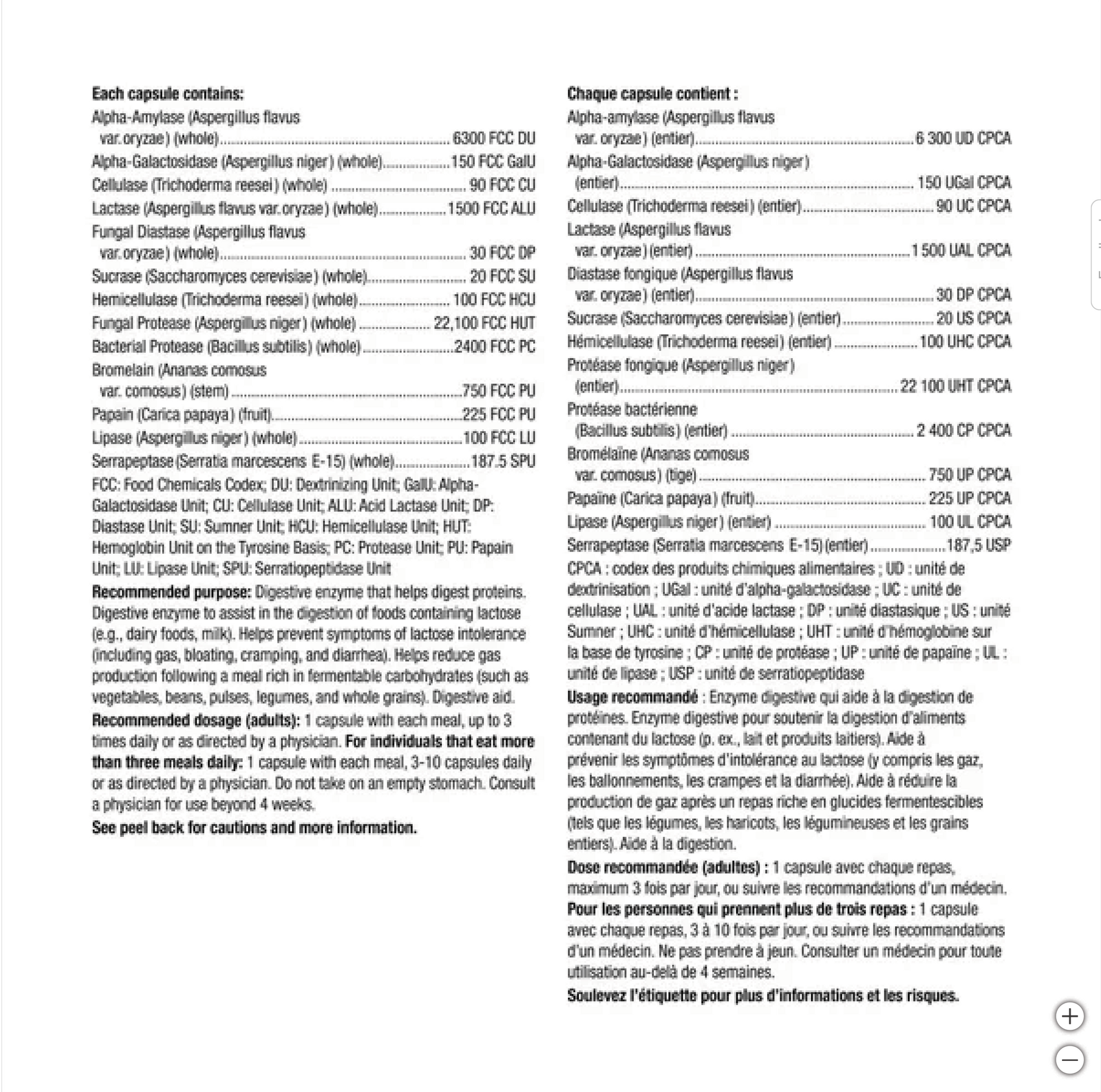 Webber Naturals Complete Digestive Enzymes Canadian label information