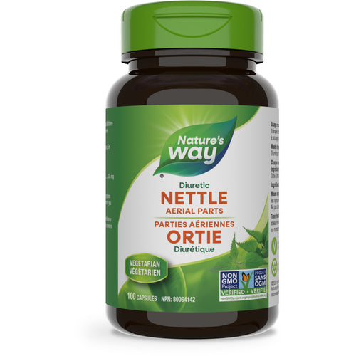 A bottle of Nature's Way Nettle Aerial Parts 100 capsules. The label indicates that it is a diuretic and that the product is vegetarian and non-GMO.