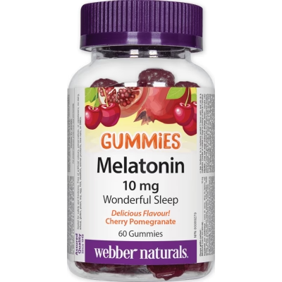 Bottle of Webber Naturals Melatonin gummies with cherry and pomegranate flavor on a white background