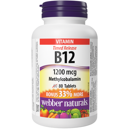 Webber Naturals Vitamin B12 Methylcobalamin 1200 mcg Timed release, 80Tablets