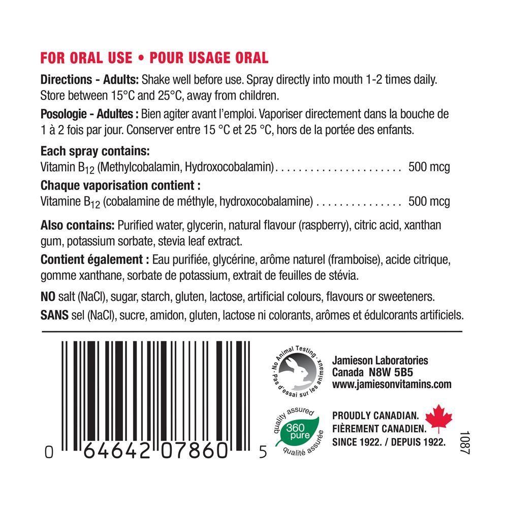 健美生 Jamieson Vitamin B12 Energy Spray 58 ml Canada ingredient information 