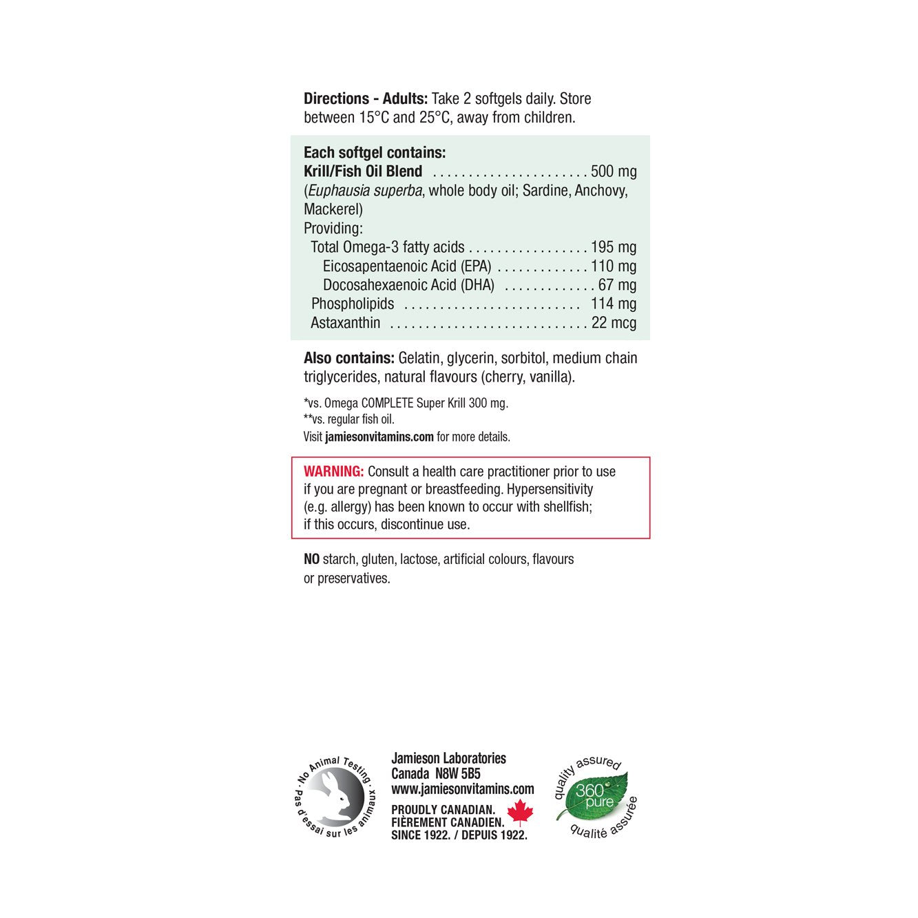 Jamieson Omega Krill Plus 500 mg, 60 softgels 健美生 ingredient panel photo