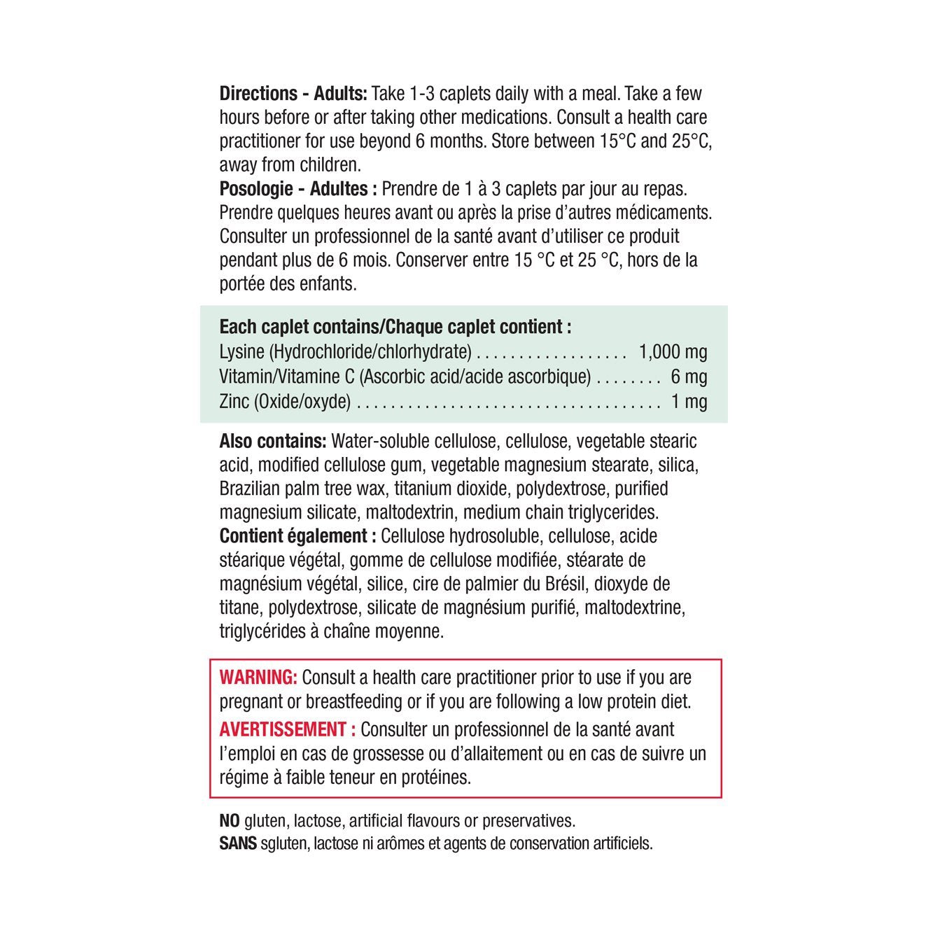 Jamieson Lysine, Zinc, & Vitamin C 60 caplets ingredients