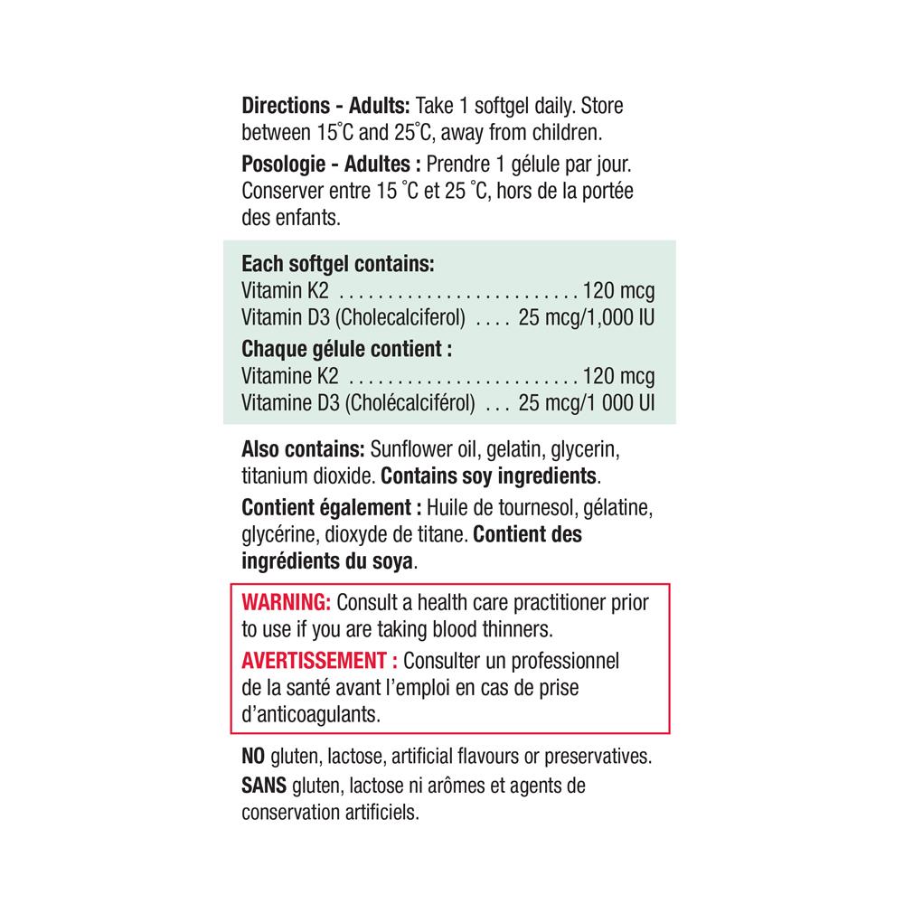 Jamieson Vitamin K2 & Vitamin D3 30 softgels 健美生 ingredients