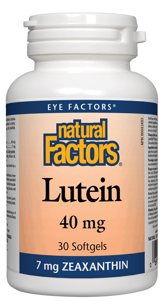 A bottle of Natural Factors Lutein 40 mg softgels with 30 gel capsules, featuring information on label about the product being a source of lutein and zeaxanthin for eye health.