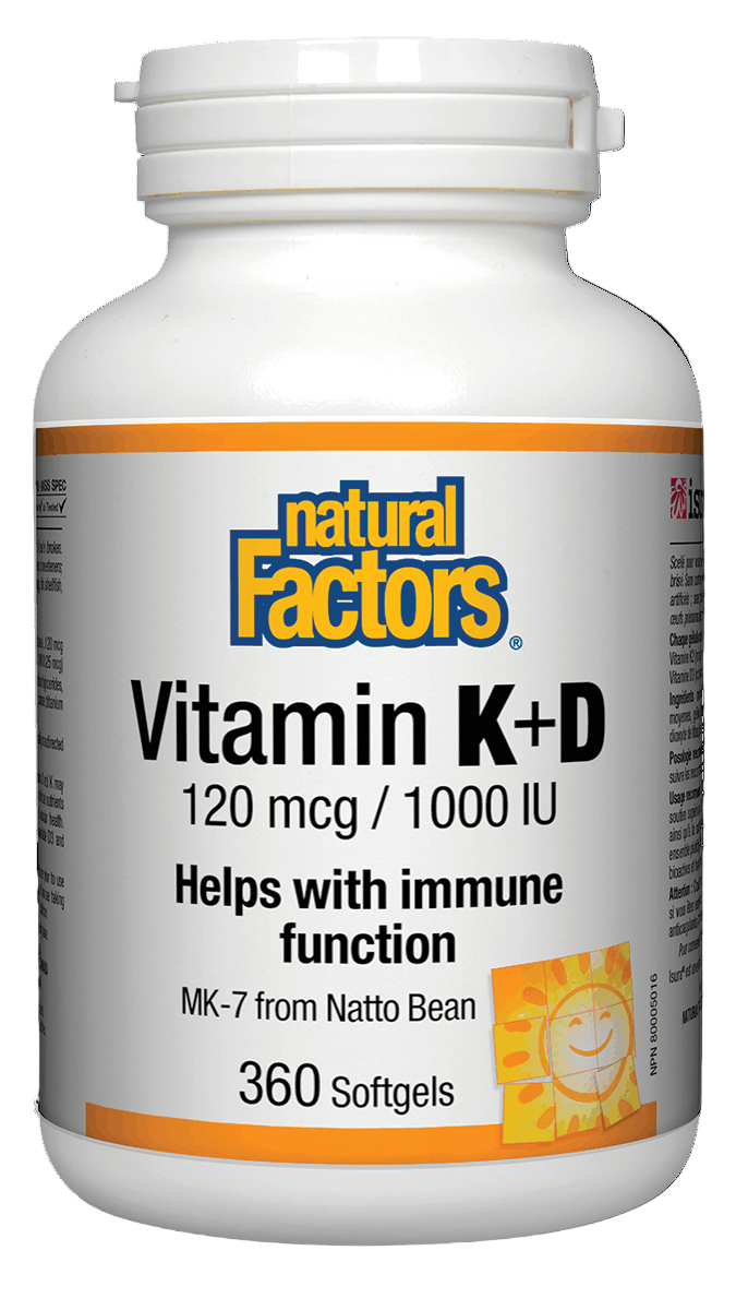 A bottle of Natural Factors Vitamin K+D softgels, Canadian label sold by natvd.com