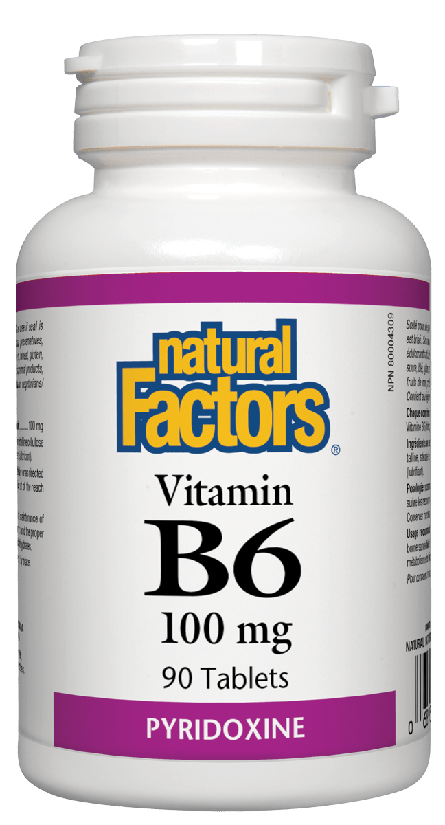 A bottle of Natural Factors Vitamin B6 100 mg with 90 tablets, labeled for pyridoxine.