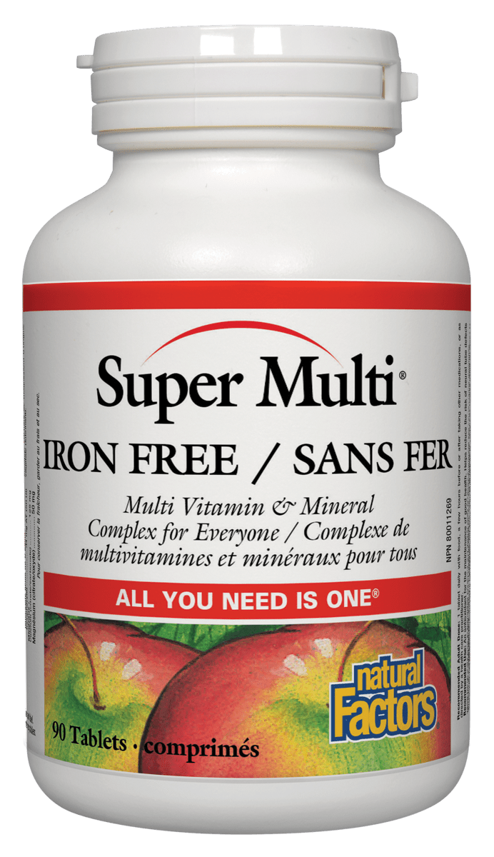 A bottle of Natural Factors Super Multi Iron Free / Sans Fer multivitamins, with a green and white label featuring images of apples and a caption that says 'All you need is one'.