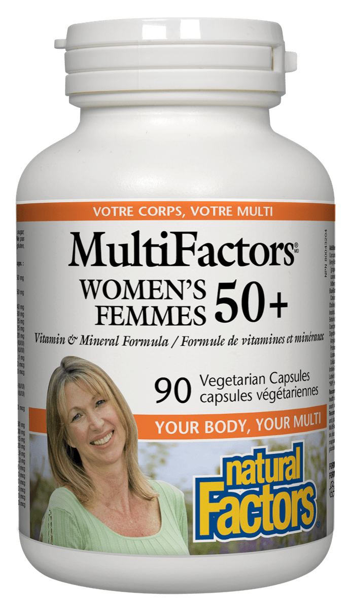 A bottle of Natural Factors MultiFactors Women's 50+ Vegetarian Capsules. The bottle is white with a label featuring product information and an image of a smiling woman.