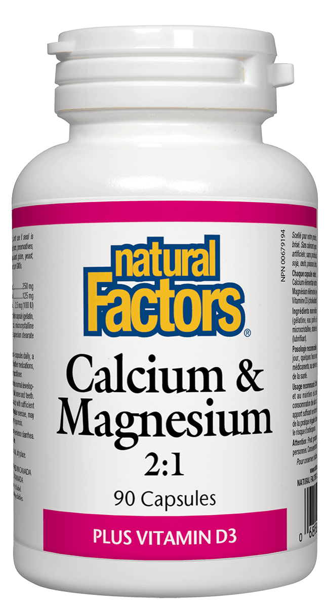 A bottle of Natural Factors Calcium & Magnesium 2:1 Plus Vitamin D3, with 90 capsules. The label is predominantly white with pink and yellow accents, and text indicates the product's purpose and ingredients.