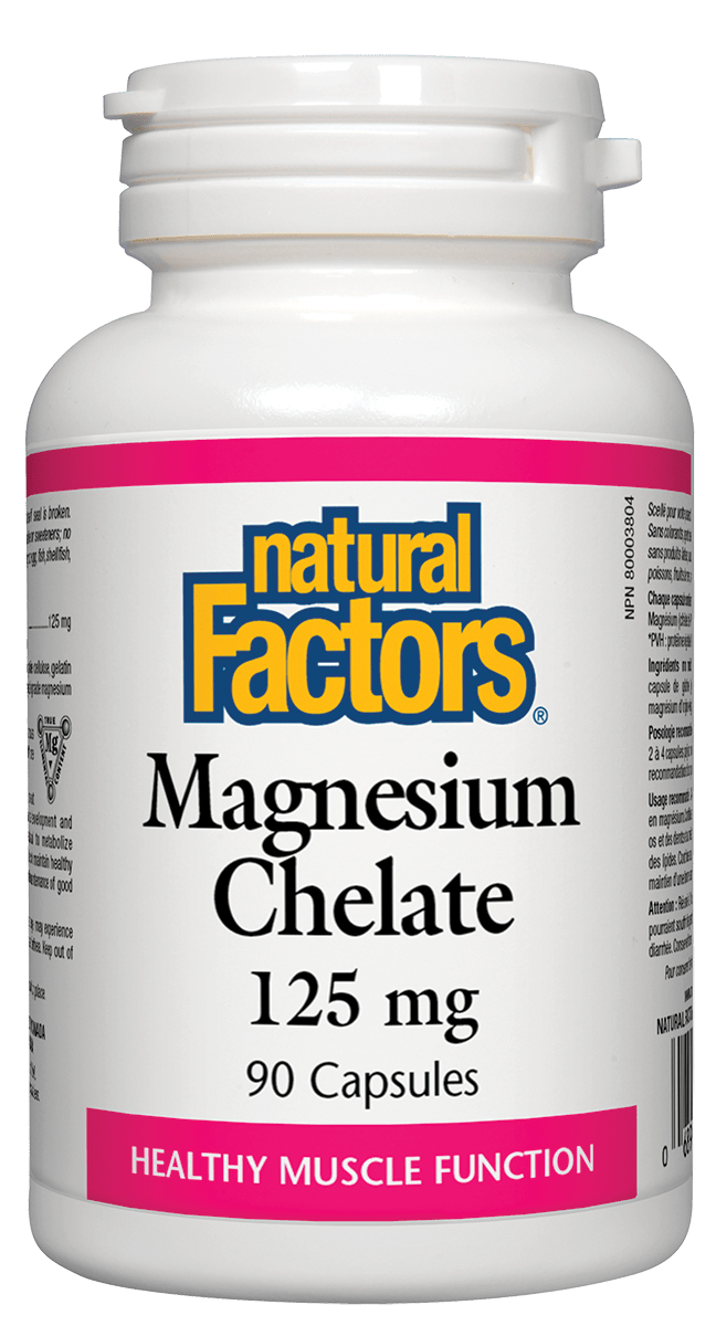 A bottle of Natural Factors Magnesium Chelate 125 mg with 90 capsules, labeled for healthy muscle function.