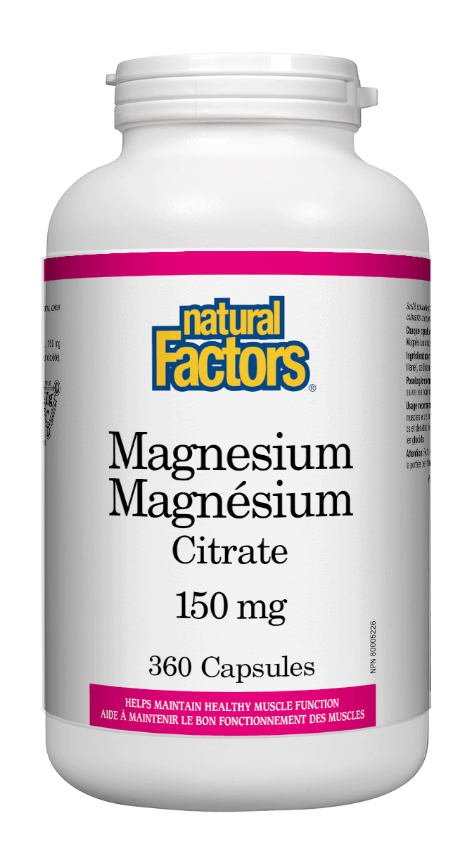 A bottle of Natural Factors Magnesium Citrate 150 mg with 360 capsules.