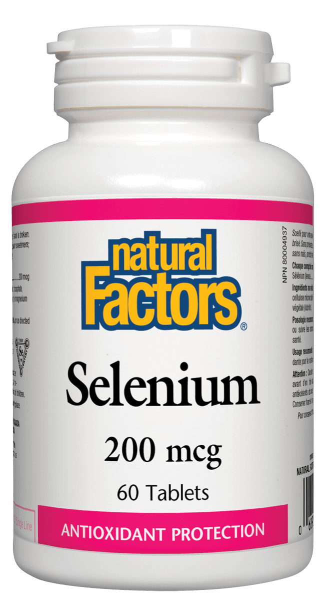 A bottle of Natural Factors Selenium supplement with 200 mcg dosage and 60 tablets quantity indicated on the label.