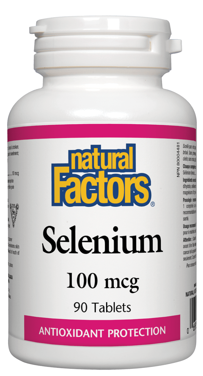 A bottle of Natural Factors Selenium supplements with 100 mcg per tablet, containing 90 tablets. The label is primarily white and pink, with text detailing the product name and use as an antioxidant.