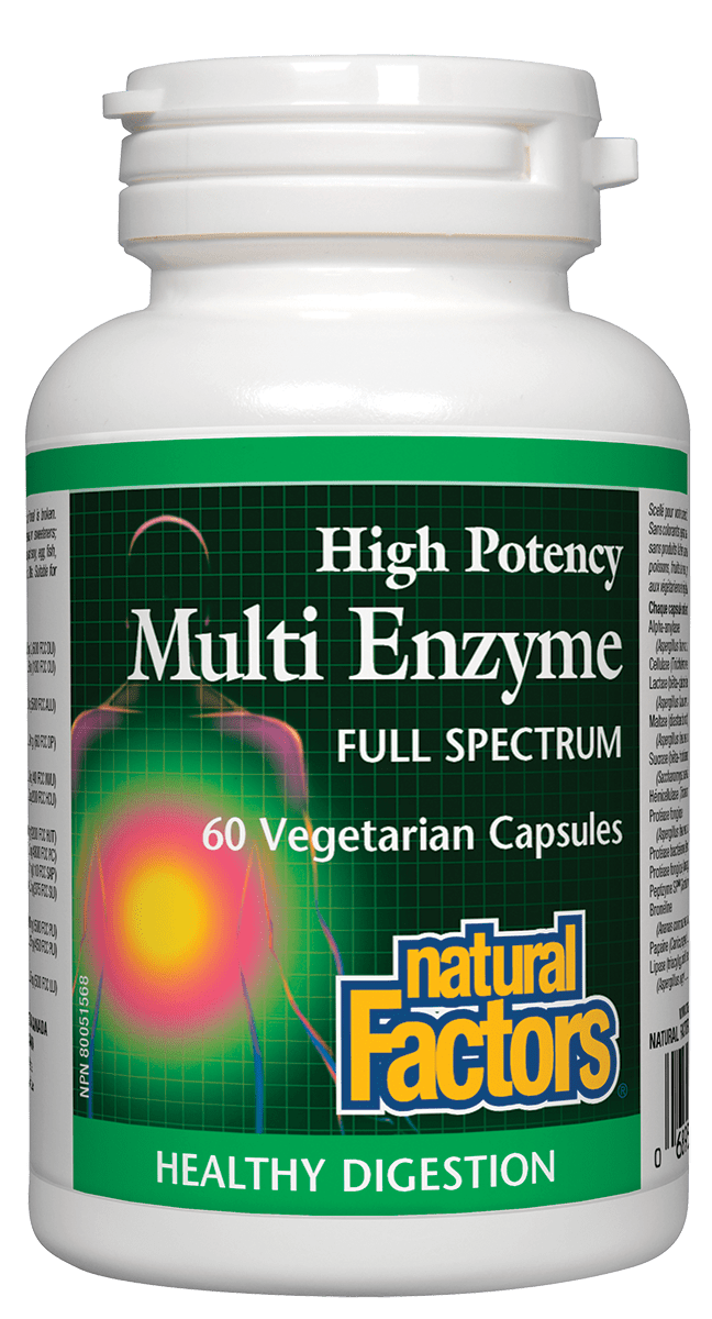 Bottle of Natural Factors Multi Enzyme with 60 vegetarian capsules, emphasizing high potency and full spectrum enzyme blend.