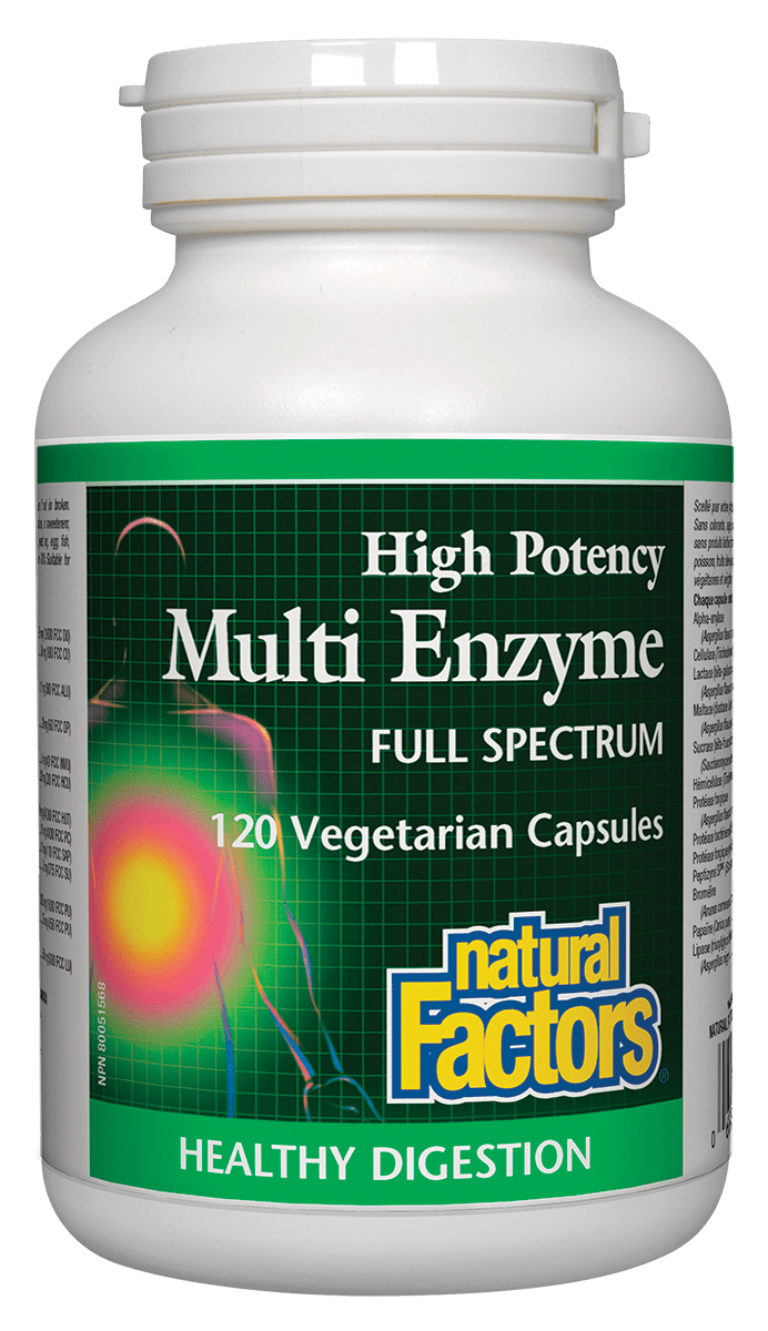 A bottle of Natural Factors Multi Enzyme supplement with 120 vegetarian capsules.