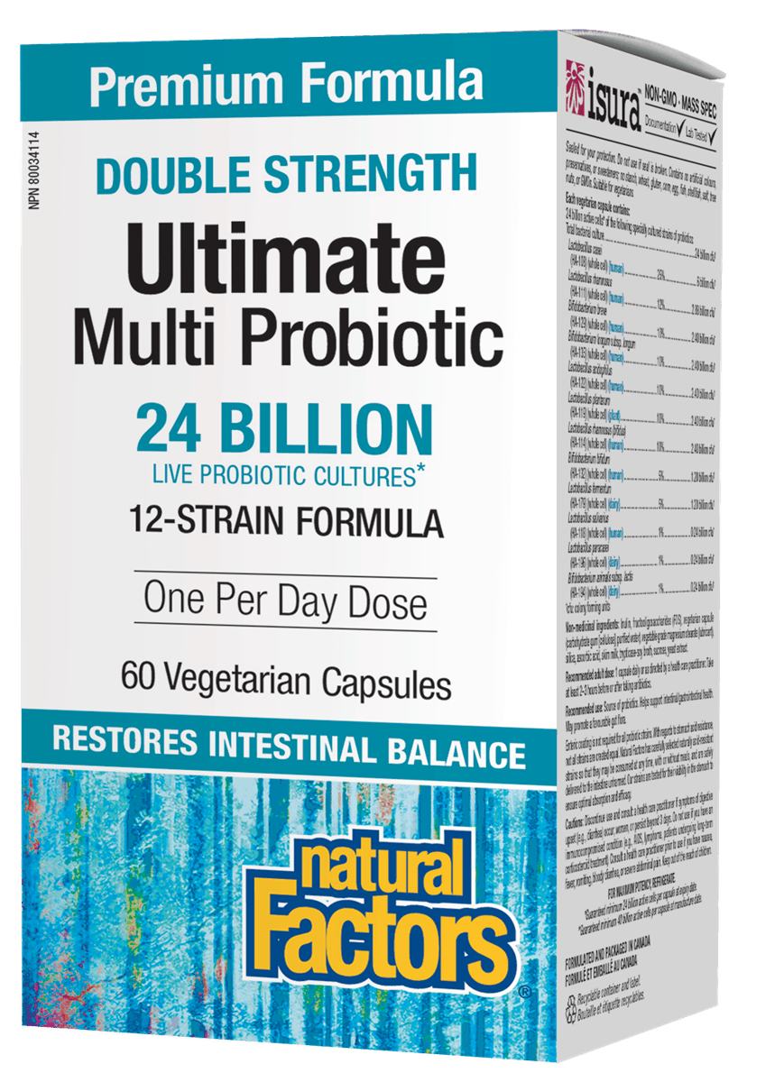 Box of Natural Factors Double Strength Ultimate Multi Probiotic, 60 vegetarian caps, with information about the product being a premium formula, having 24 billion live probiotic cultures, and being a 12-strain formula.