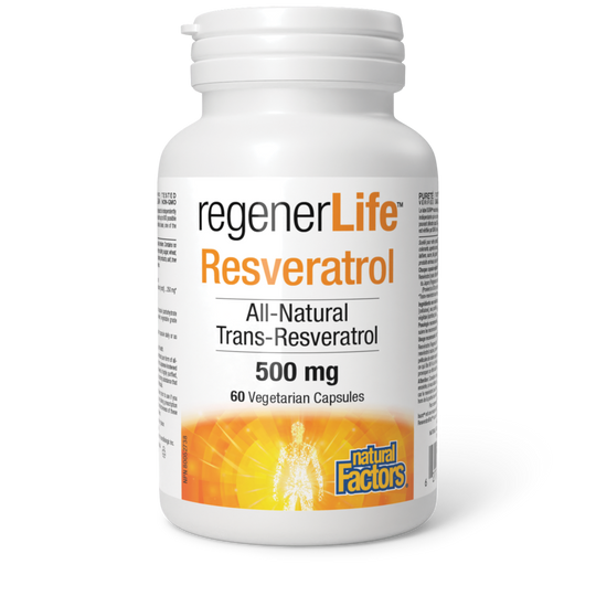 Bottle of Natural Factors RegenerLife Resveratrol, 500 mg, with 60 vegetarian capsules. The label indicates it is an all-natural trans-resveratrol supplement.