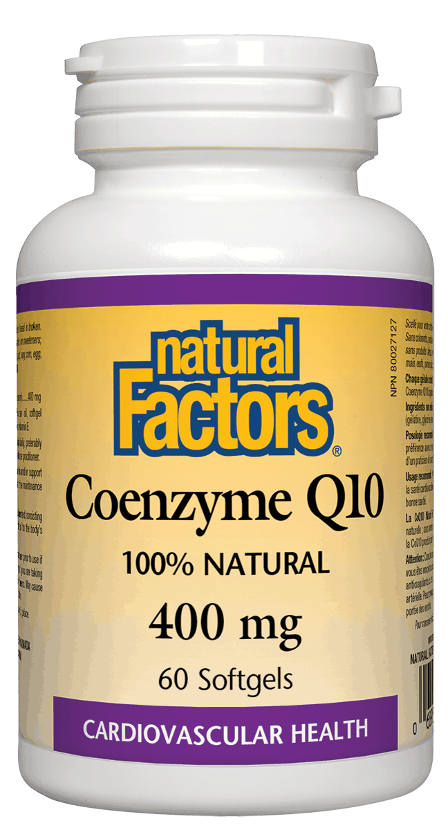 A bottle of Natural Factors Coenzyme Q10 softgels, 400 mg, with 60 softgels included.
