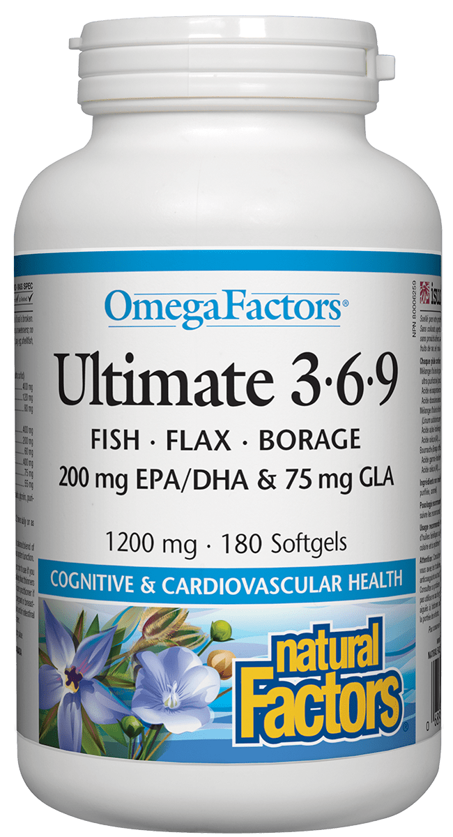 A bottle of Natural Factors OmegaFactors Ultimate 3·6·9 softgels, with a label showing fish, flax, and borage seeds as ingredients, indicating support for brain and cardiovascular health.