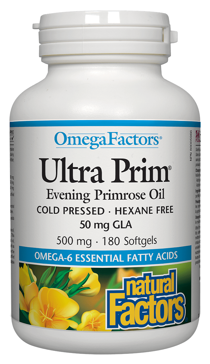 A bottle of Natural Factors Ultra Prim Evening Primrose Oil, containing 500mg of the product in 180 softgels, with a white and green label.
