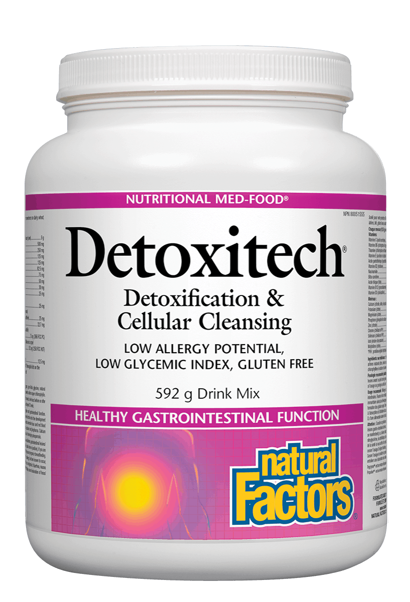 A container of Natural Factors Detoxitech Healing Food Supplement, which is a powdered medical food product designed for detoxification and cellular cleansing.