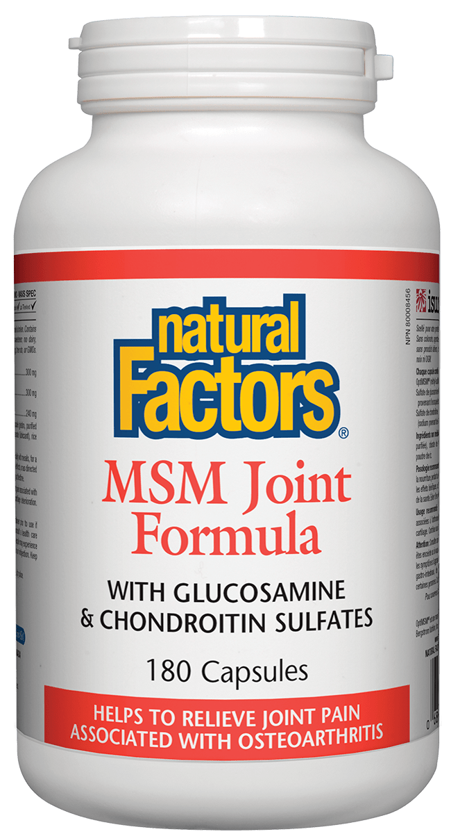 A bottle of Natural Factors MSM Joint Formula, containing 180 capsules, with the labels indicating the supplement's benefits for joint health.