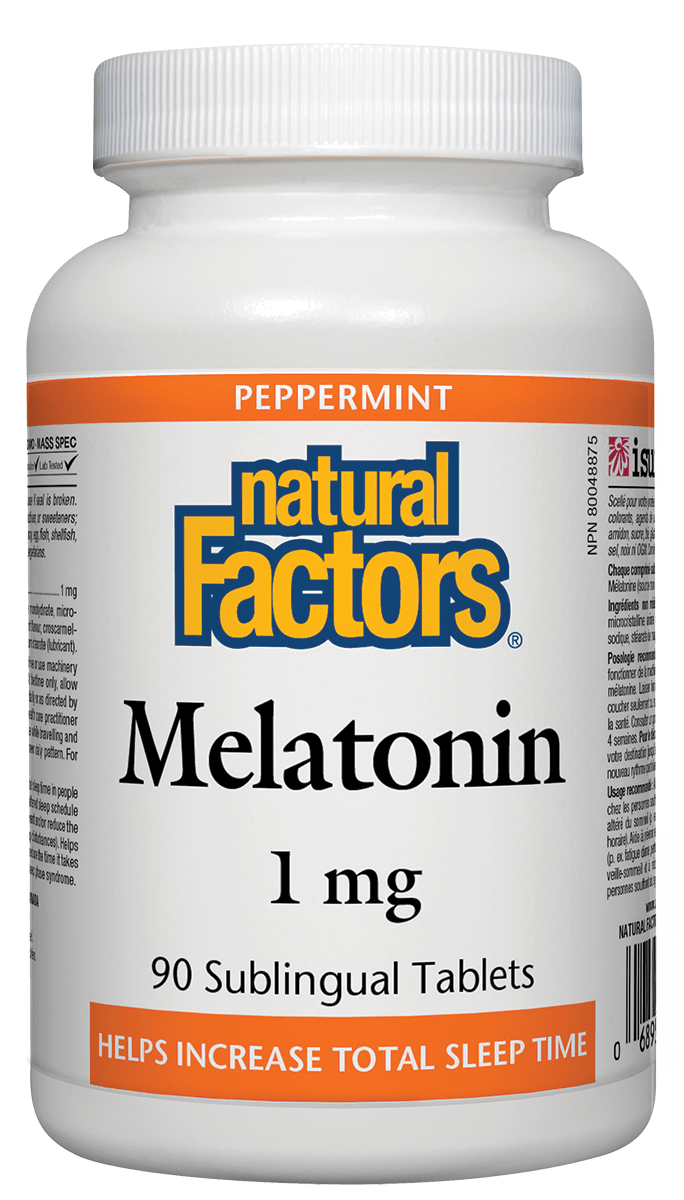 A bottle of Natural Factors Melatonin 1mg Peppermint tablets. The label indicates the product name, dosage, and the flavor 'Peppermint'.