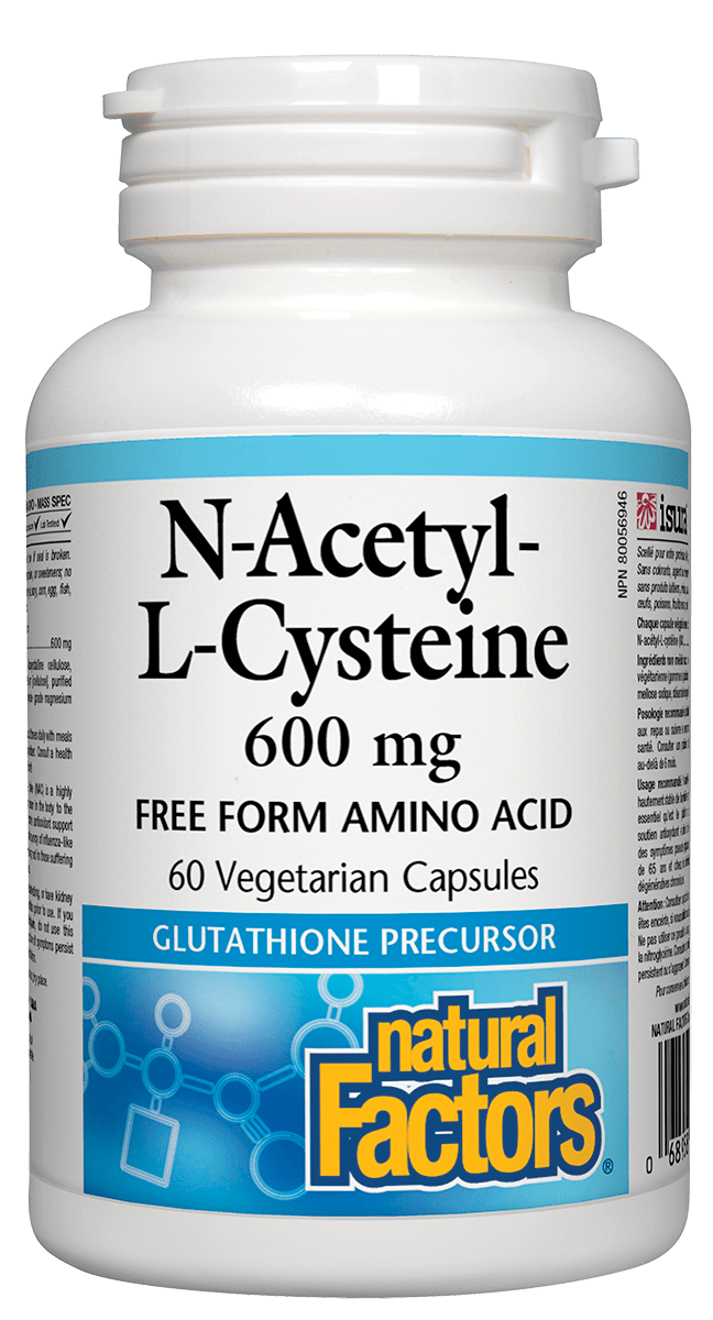 Bottle of Natural Factors N-Acetyl-L-Cysteine 600 mg 60 veg capsules, with label indicating its use for free form amino acid and glutathione precursor.