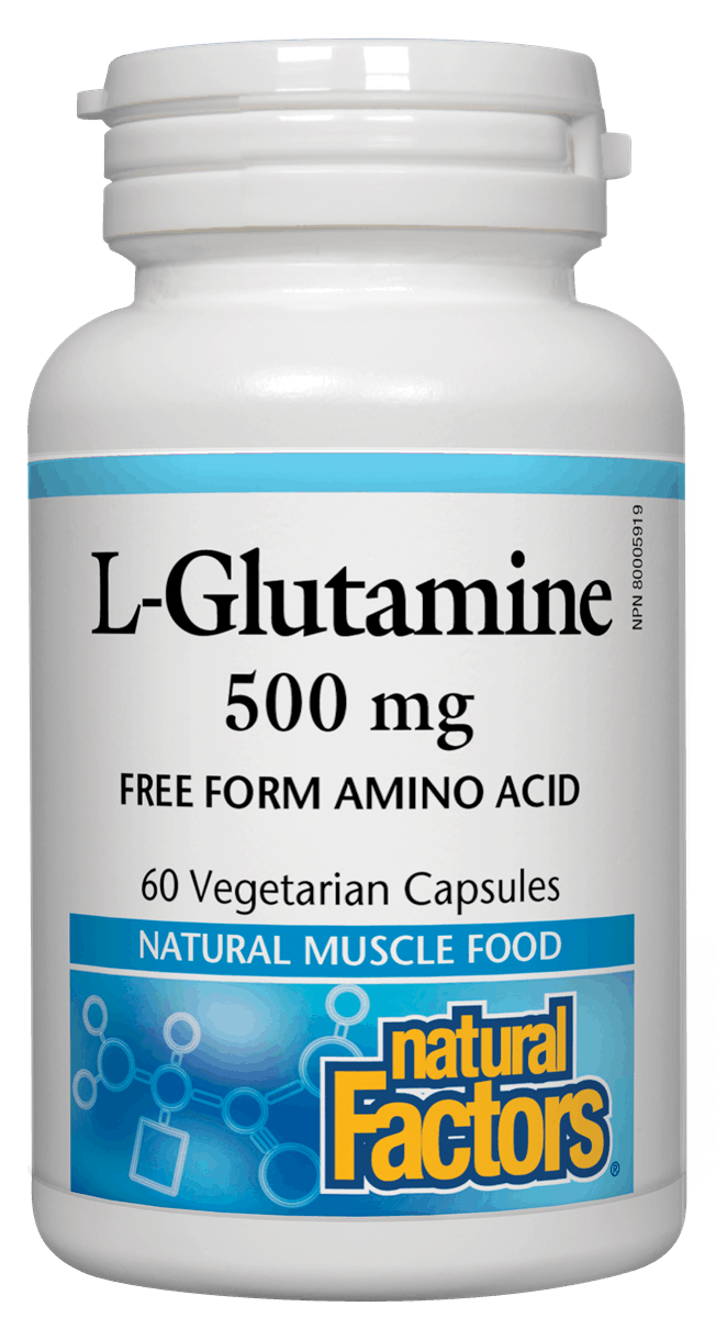 A bottle of Natural Factors L-Glutamine 500 mg, with 60 vegetarian capsules, labeled for muscle support.