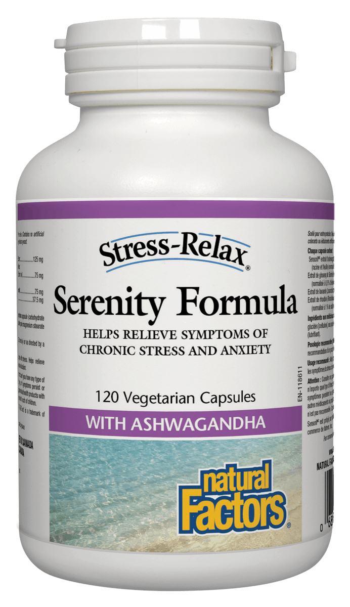 Bottle of Natural Factors Stress-Relax Serenity Formula with 120 vegetarian capsules, featuring Sensoril ashwagandha and other herbal ingredients.