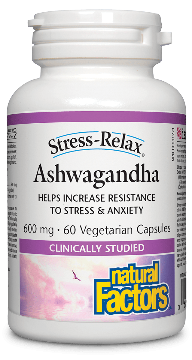 Bottle of Natural Factors Ashwagandha 600 mg, 60 Vegetarian Capsules, with label detailing product information and benefits.