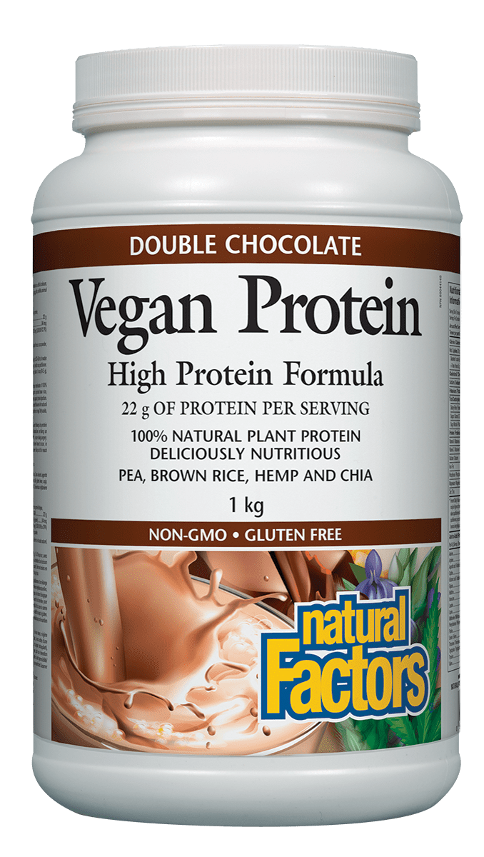 A container of Natural Factors Vegan Protein powder in double chocolate flavor. The label indicates it is a high protein formula, non-GMO, gluten-free, and vegan friendly.
