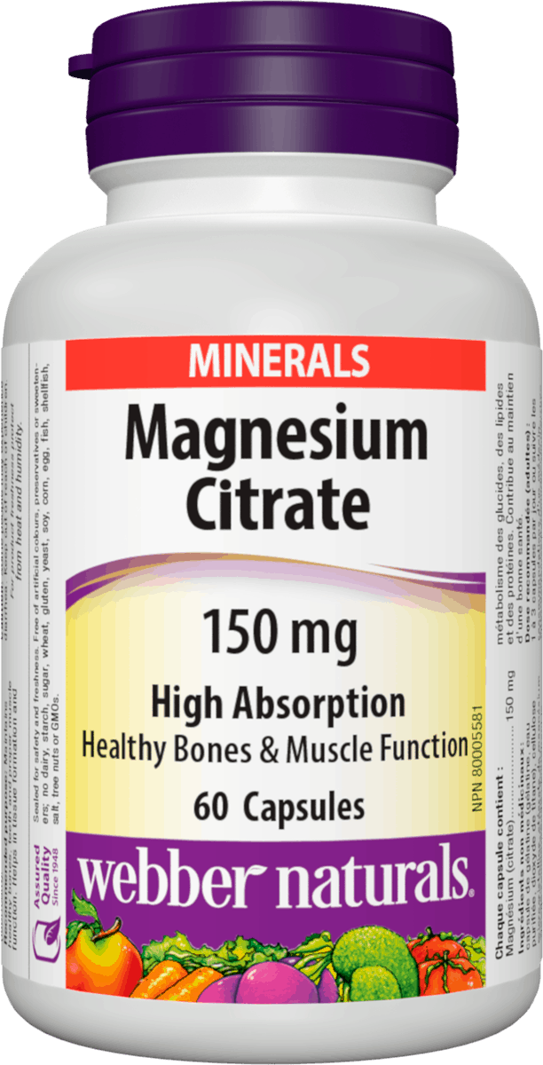 Webber Naturals Magnesium Citrate High Absorption 150 mg 60 capsules per bottle Canada