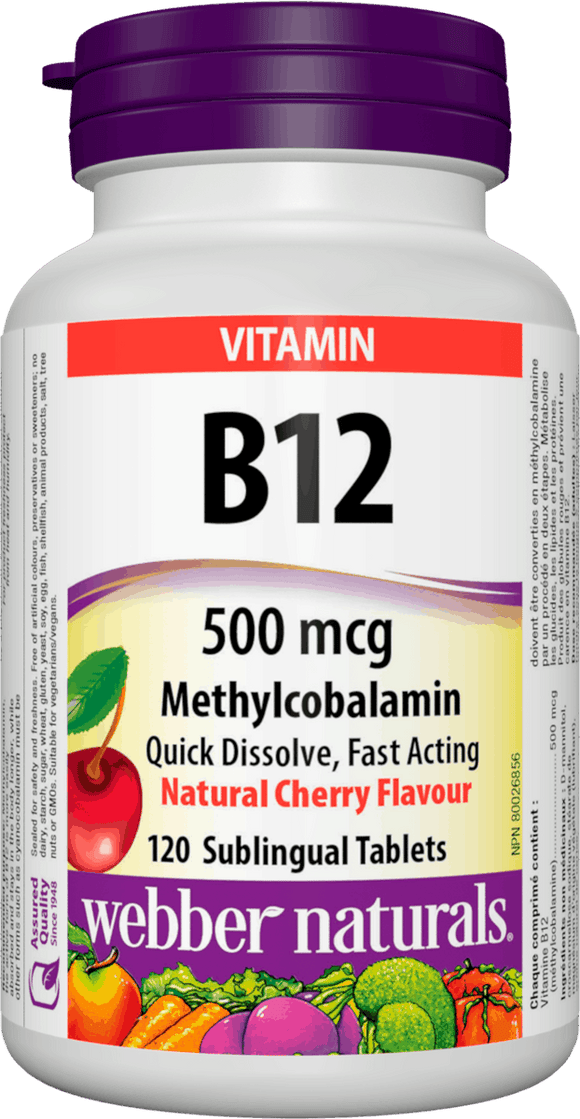 Webber Naturals Vitamin B-12 Methylcobalamin, 500mcg, Natural Cherry Flavour, 120 sublingual tablets