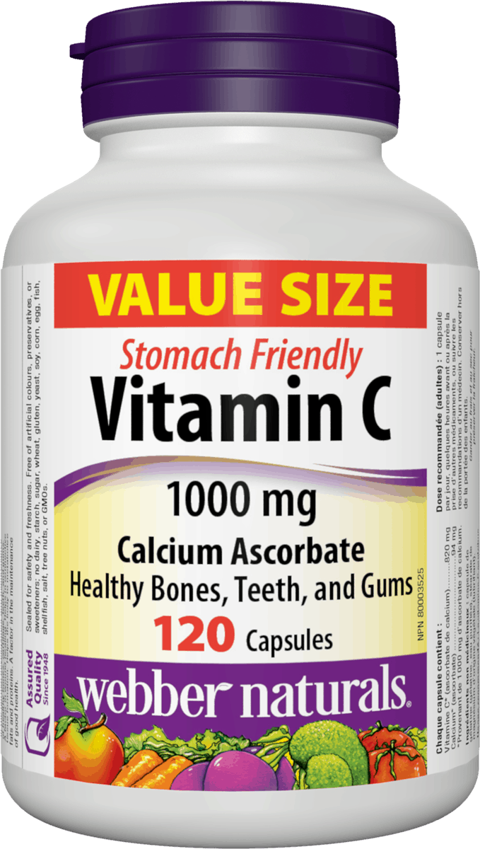 Webber Naturals Stomach Friendly Vitamin C 1000 mg 120 capsules (Value Size) Canada label 