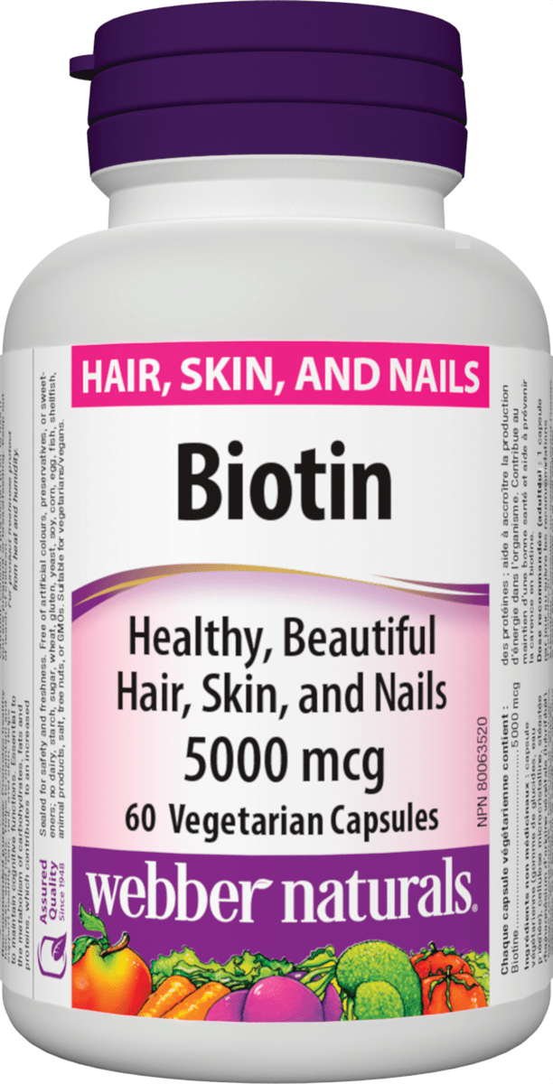 Webber Naturals  Biotin 5000 mcg 60 Vegetarian Capsules Canadian label