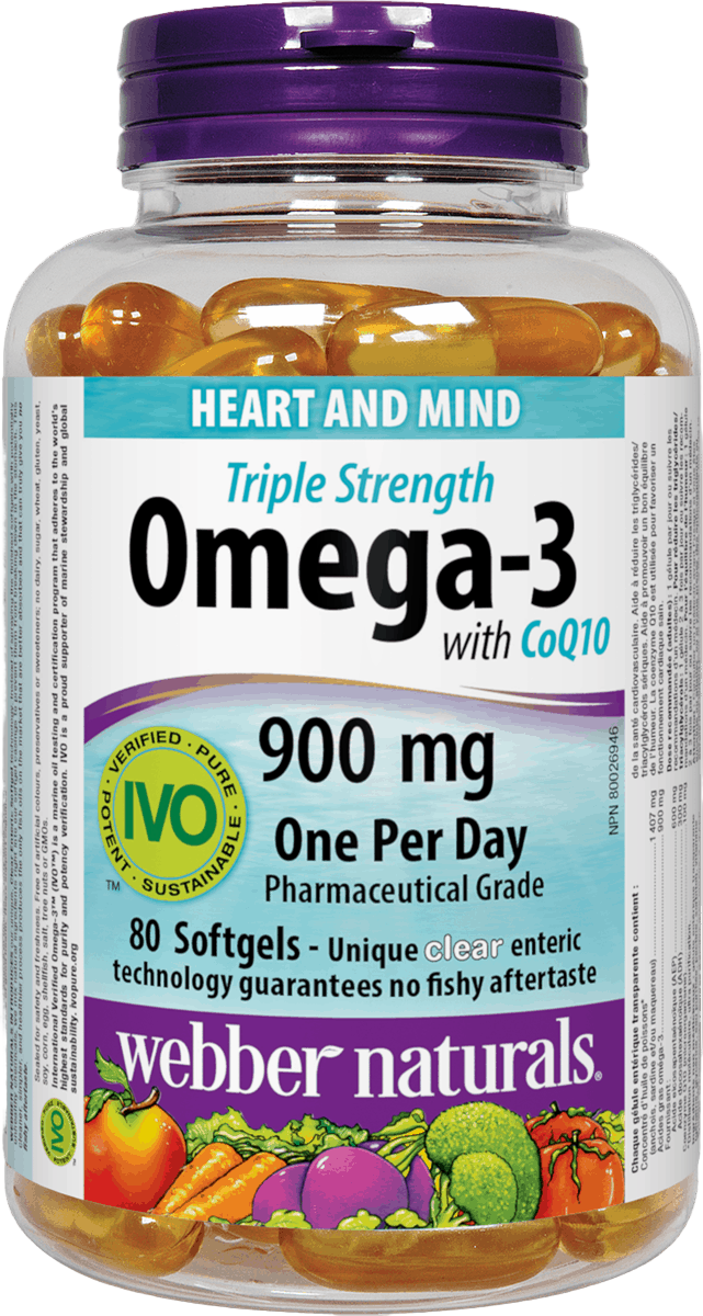Omega-3 supplement bottle with purple cap and label, featuring Webber Naturals branding. Available online at natvd.com Canada natural vitamin direct inc