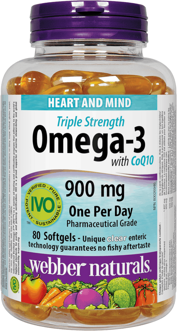 Webber Naturals 三重强效Omega-3 鱼油 添加辅酶Q10，900毫克，肠溶胶囊80粒