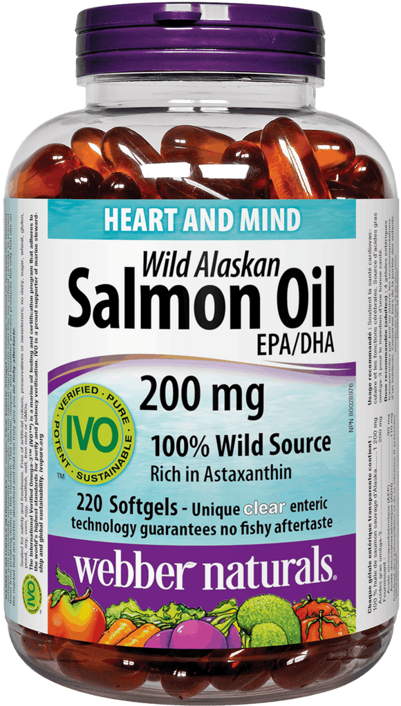 Webber Naturals Wild Alaskan Salmon Oil, 200 mg EPA/DHA, 220 Clear Enteric Softgels