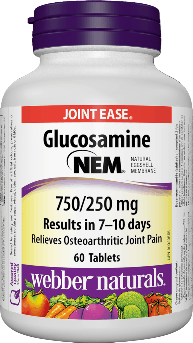 Bottle of Glucosamine NEM Joint Ease supplement with a white label and purple cap.